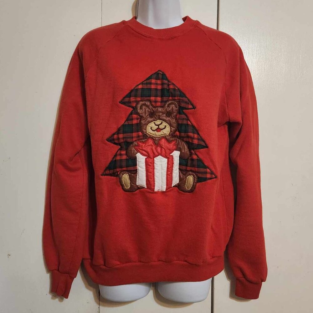 Vintage 80's XL JR Morgan Designs Red Quilted Teddy Bear Ugly Xmas Sweatshirt